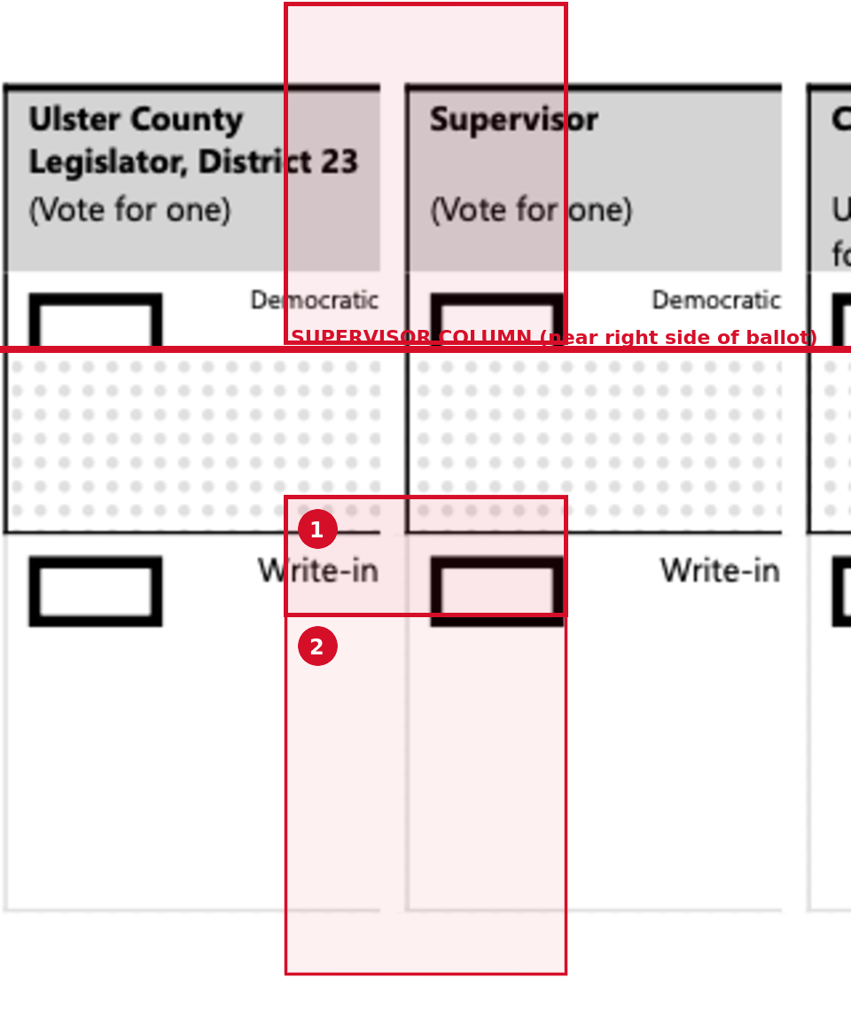 Close-up of the Supervisor column on the ballot: ① fill in the bubble, ② write Meghann Reimondo in the blank space below.
