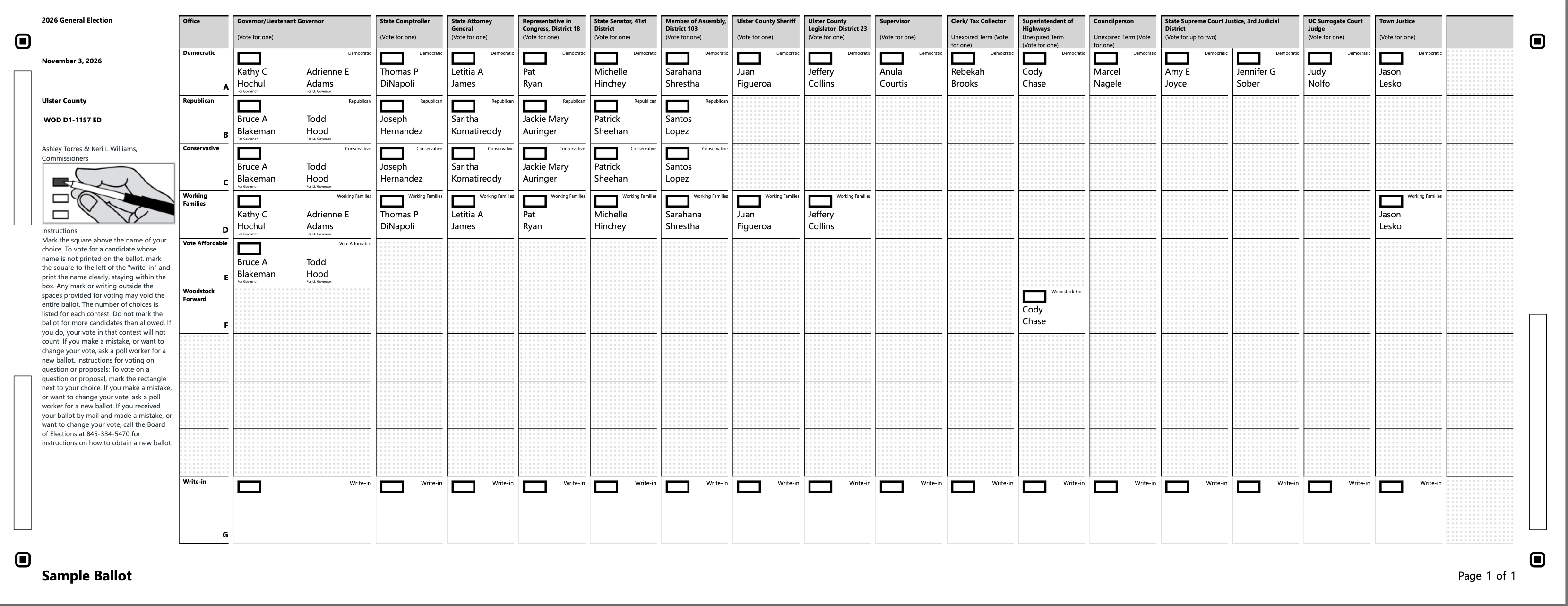 Official 2026 General Election sample ballot for Ulster County — the Town Supervisor write-in line is in the Supervisor column near the right side of the ballot.