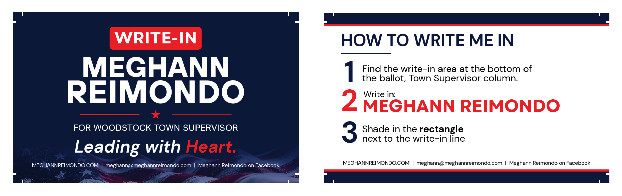 Meghann Reimondo write-in wallet card — front showing name and office, back showing the three write-in steps